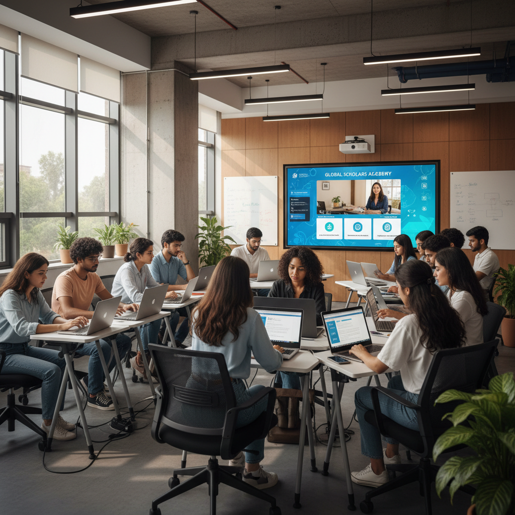 Bright modern classroom with students using laptops and tablets, large screen showing online course content